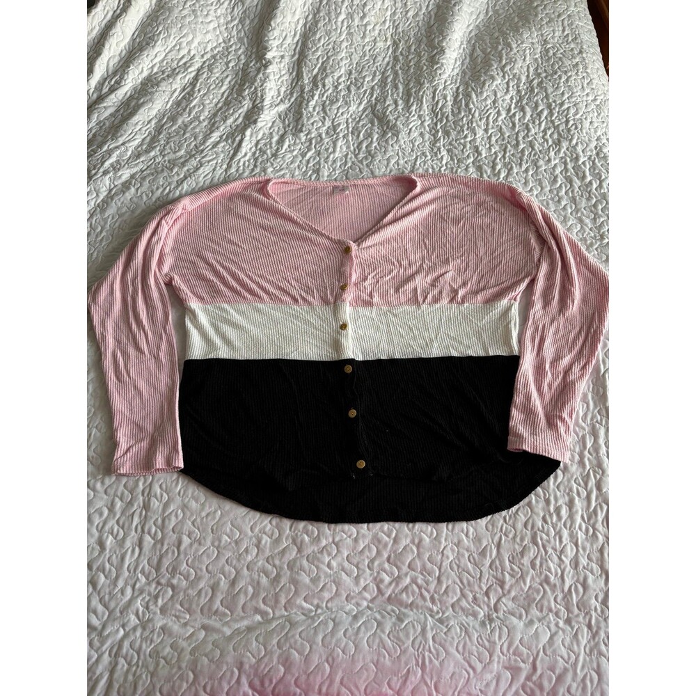 NOBO colorblock pink white black knit long sleeve button blouse size xl